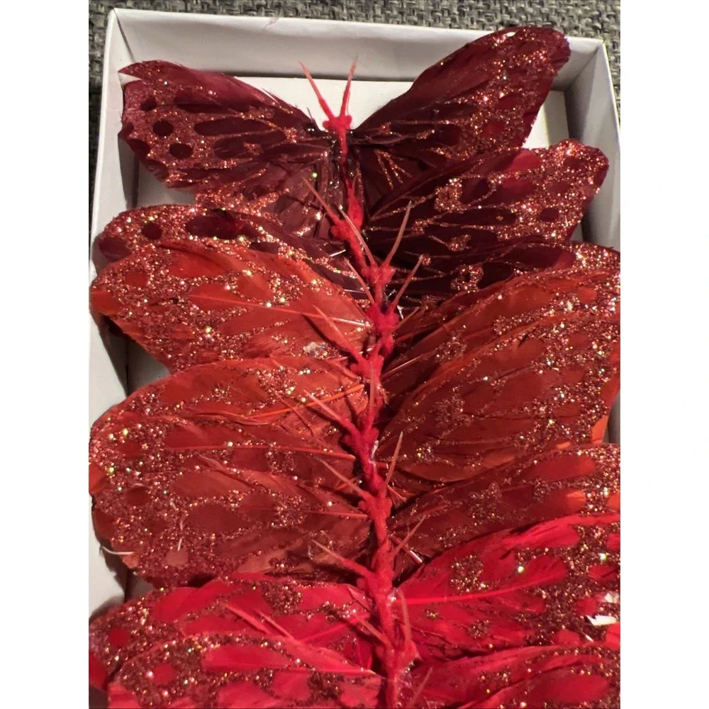 Butterflies Dark Burgundy Red Wired‎ Painted Feather Glitter 5